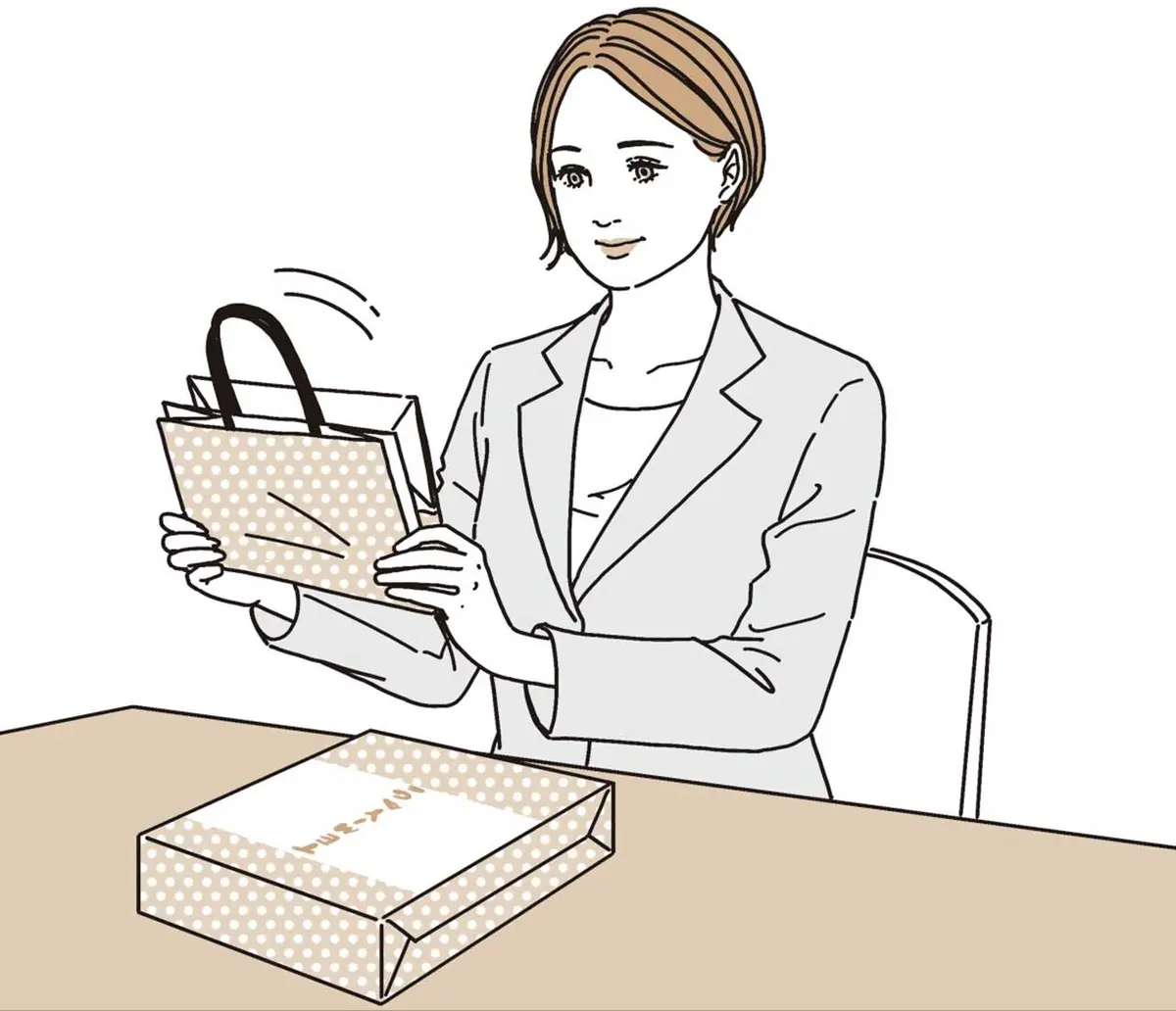 手みやげは名刺交換のあとに渡し、紙袋は持ち帰る