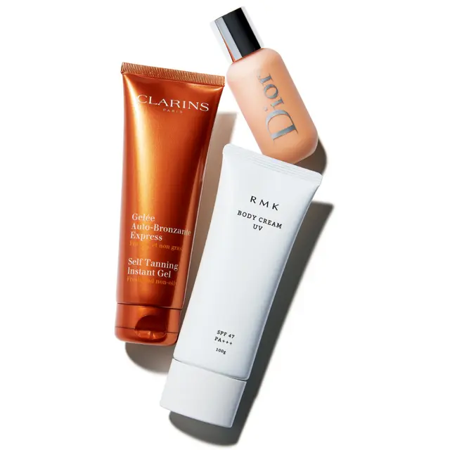 ディオールのディオール バックステージ フェイス＆ボディファンデーション 2N ニュートラル、RMKのRMK ボディクリームUV、クラランスのセルフタンニング インスタント ジェル 