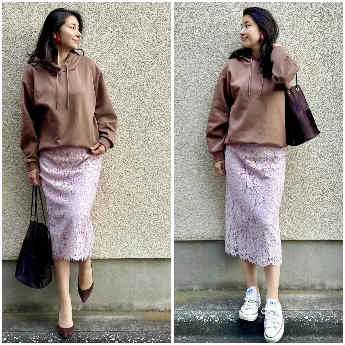 オレンジブラウンのパーカー、ピンクのレーススカート、ブラウンのバッグ、１体は白のスニーカー、もう１体はブラウンのパンプス