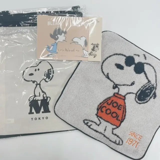お土産ショップで買ったスヌーピーのポストカードとハンドタオルと巾着
