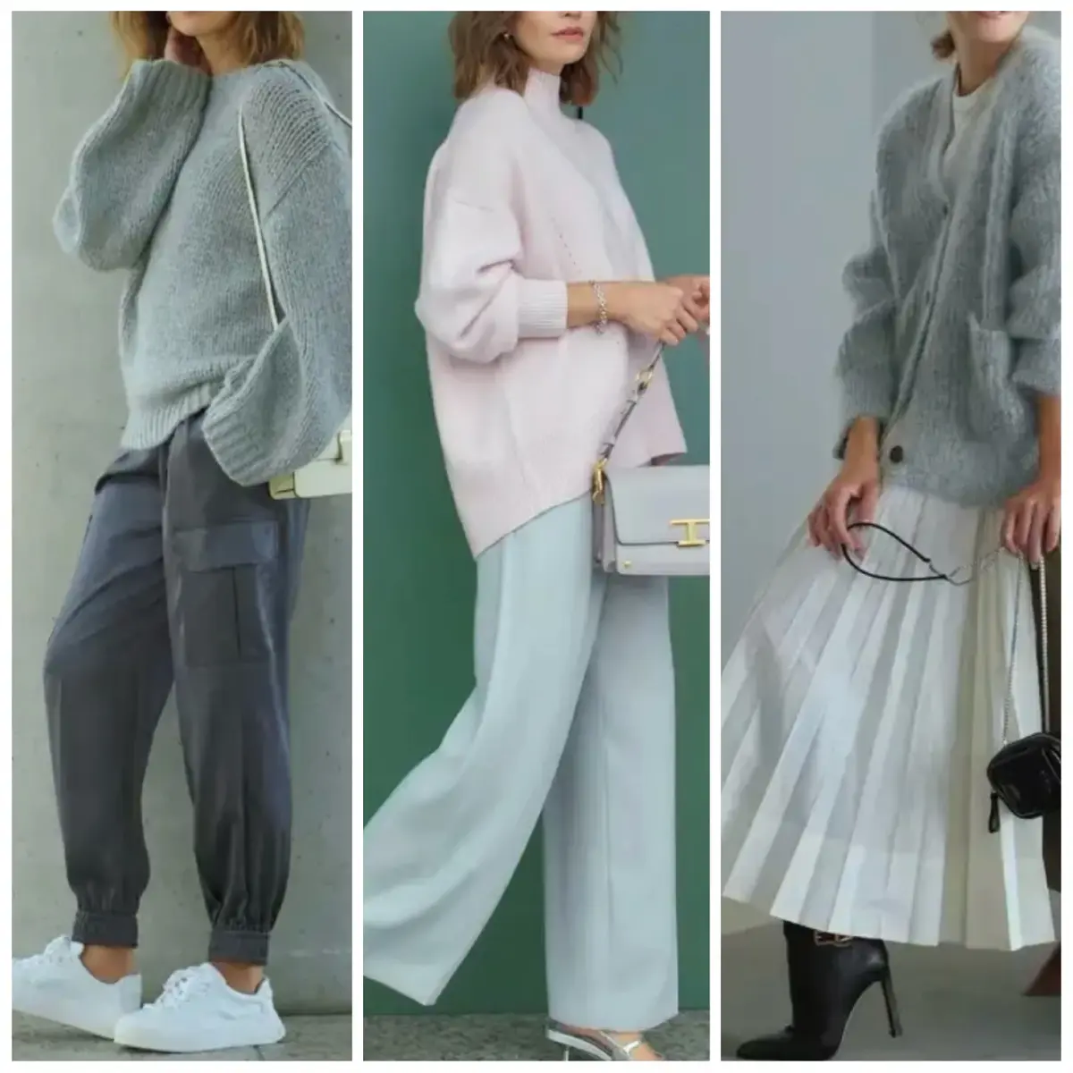 エクラ掲載　グレーコーディネート３つ　グレーパンツ　グレーニット