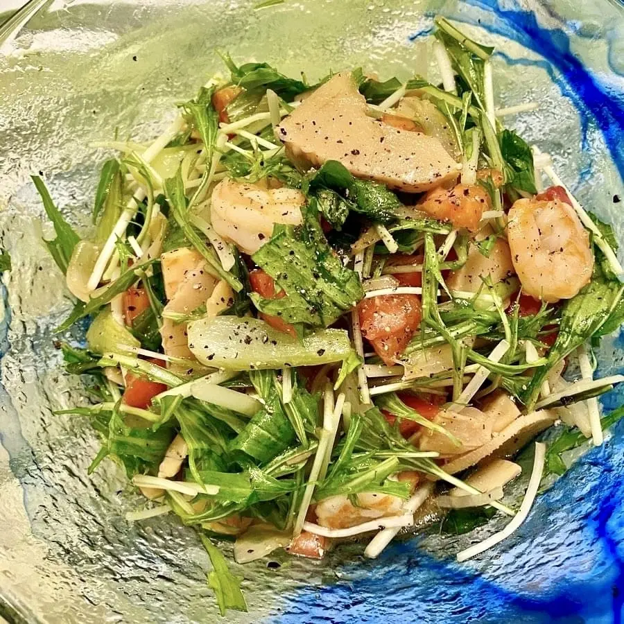 ワインと合う料理　エビとタケノコのデパ地下デリ風サラダ