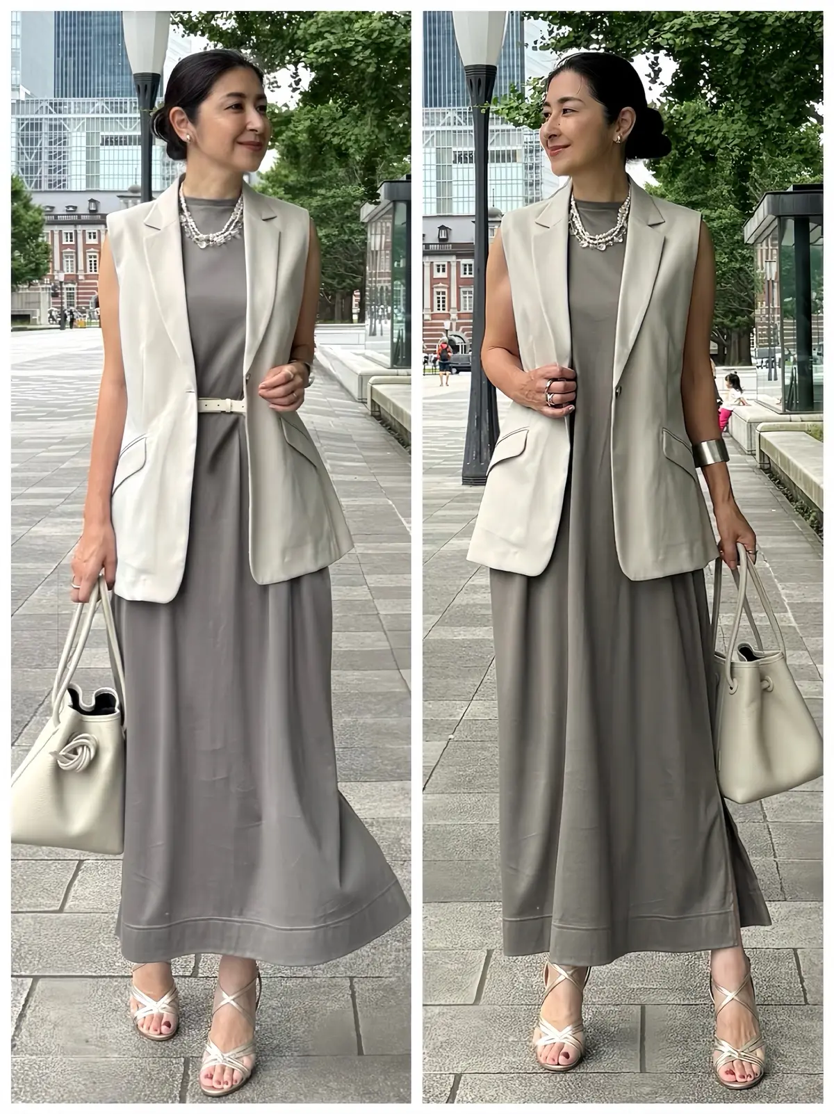 イーバイエクラ　SALONEワンピース　グレージュ　接触冷感ワンピース　ベージュジレ　オフホワイトバッグ　シャンパンゴールドサンダル