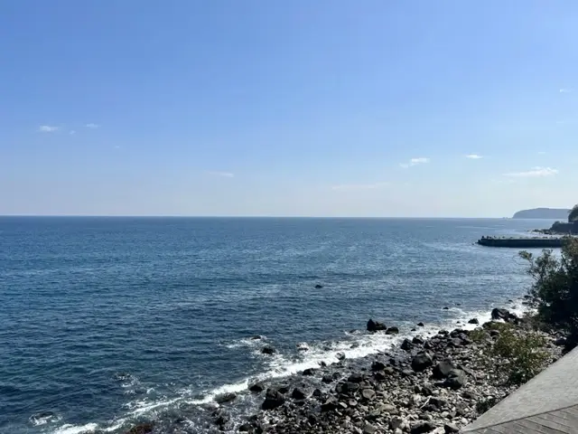 春の陽に光る青い海