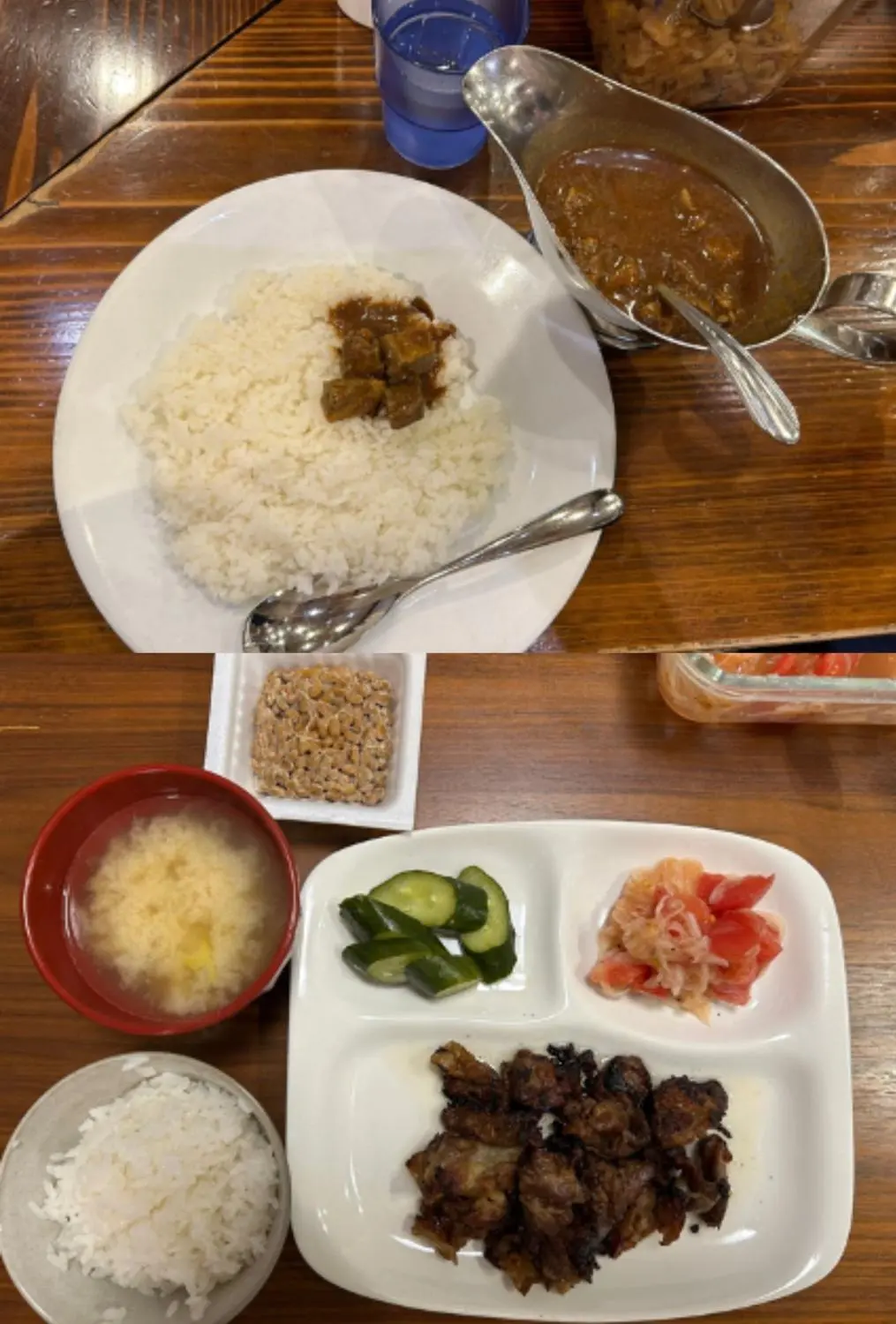 OurAge×Webエクラ　ある日の食事。朝食：なし。昼食：カレーライス。夕食：しょうが焼き（写真の半分量）、トマトと玉ねぎのマリネ、きゅうりのぬか漬け、油揚げと長ねぎの味噌汁（MCTオイル大さじ1入り）、納豆、デザート（いちごバウムクーヘン1/8切れ）。その他：せんべい、そば茶、麦茶、緑茶、ブラックコーヒー