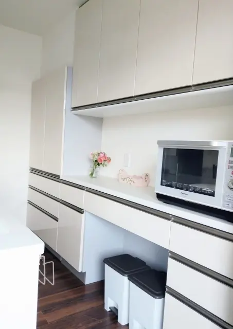 背面の壁にたっぷりとした収納棚を設置。