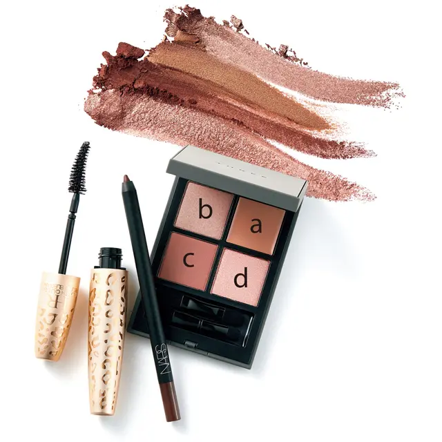 ディメンショナルビジョンアイパレット 09 ￥6,500／THREE　ハイピグメント ロングウェアアイライナー 8194 ￥3,000／ナーズ ジャパン　ラッシュ クイーン フェリン エレガンス 01 ￥5,300／ヘレナ ルビンスタイン