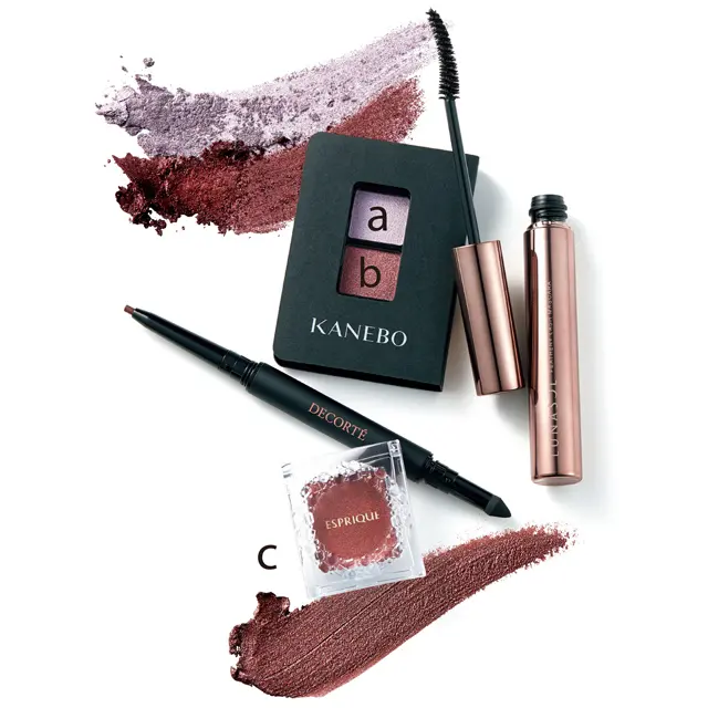 ルナソル フェザリーラッシュマスカラ 01 ￥3,000／カネボウ化粧品　カネボウ アイカラーデュオ 08 ￥2,300／カネボウインターナショナルDiv.　ラスティング ジェルアイライナーRD401 ￥3,500／コスメデコルテ　エスプリーク セレクト アイカラー N グロウ RD 404 ￥800（編集部調べ）／コーセー