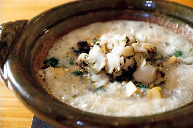 「鮑おじや 生海苔 雲丹 酢 橘 山葵」　