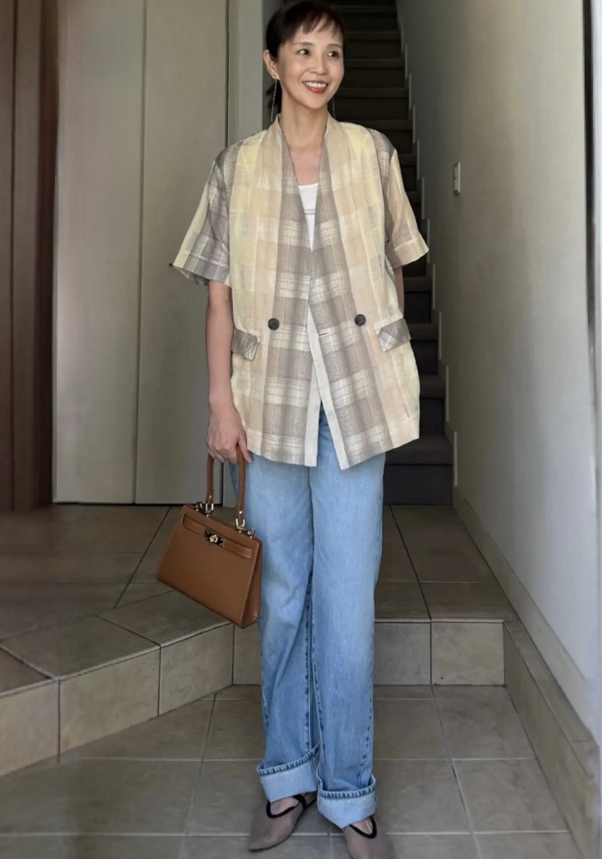 ノーカラージャケット　半袖ジャケット　アメリヴィンテージセットアップ　デニムコーデ