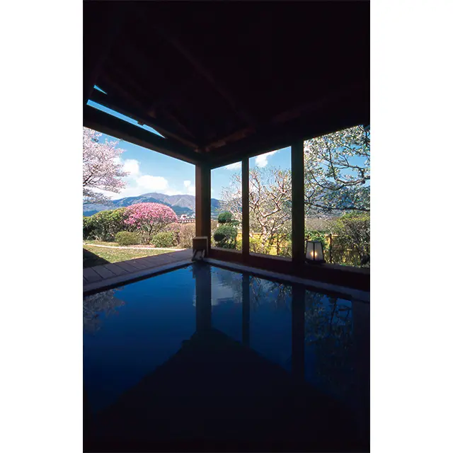 庭に面した露天風呂。庭の花々と 奥の山並みのコントラストが、春はとりわけ美しい。お 湯はなめらかな白濁の硫黄泉