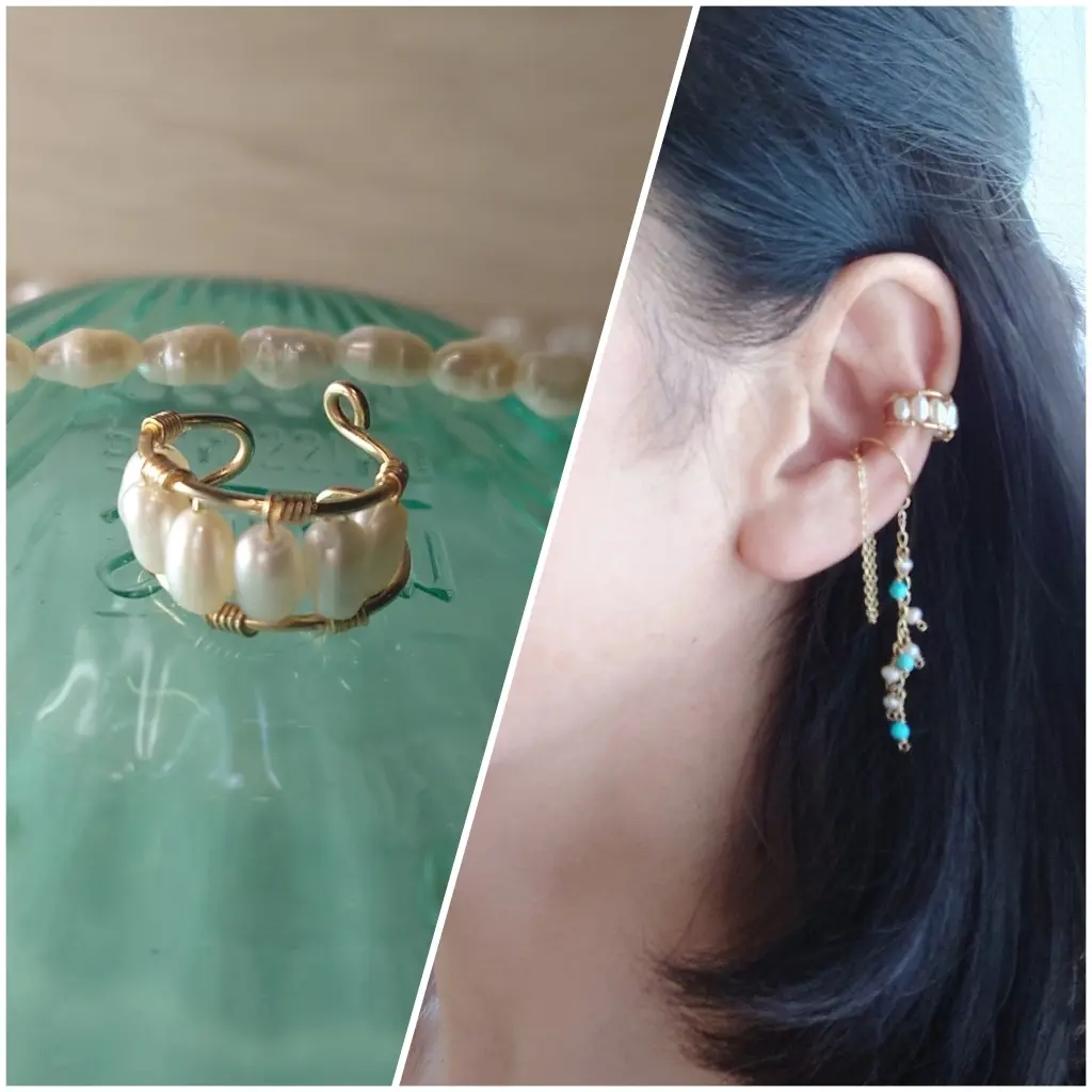 ライスパールカフ、ベビーパールとターコイズカフ装着