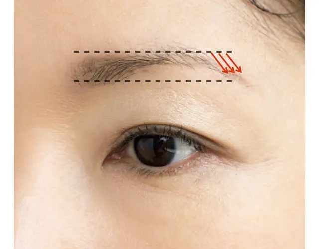 眉じりの外側への描き足しは、自眉の山に合わせると上がり眉になる危険大