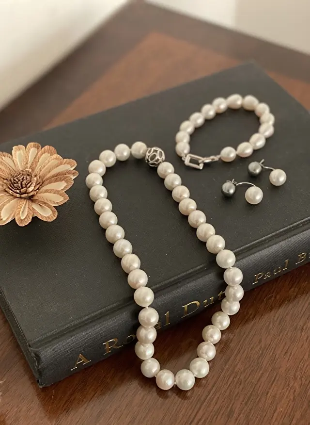 アクセサリーは大好きなパールで。