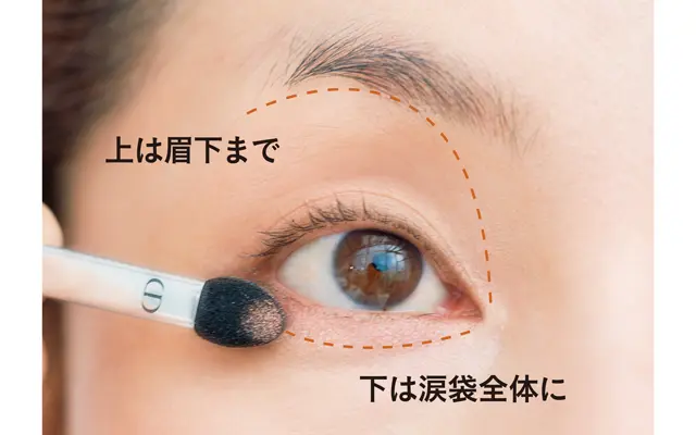 《3》くぼみの気になる目もとにもハリ感を。❹のパレットの①を指で上まぶた全体になじませたら、下まぶたは①と③を混ぜ涙袋全体に塗る。