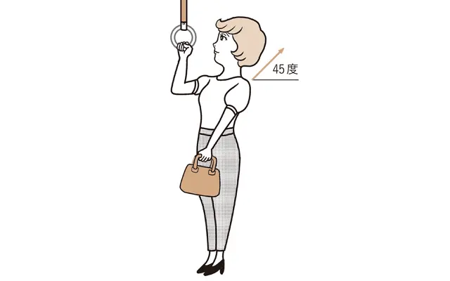 電車の中では、胸を斜め45度上に引っぱり上げる！