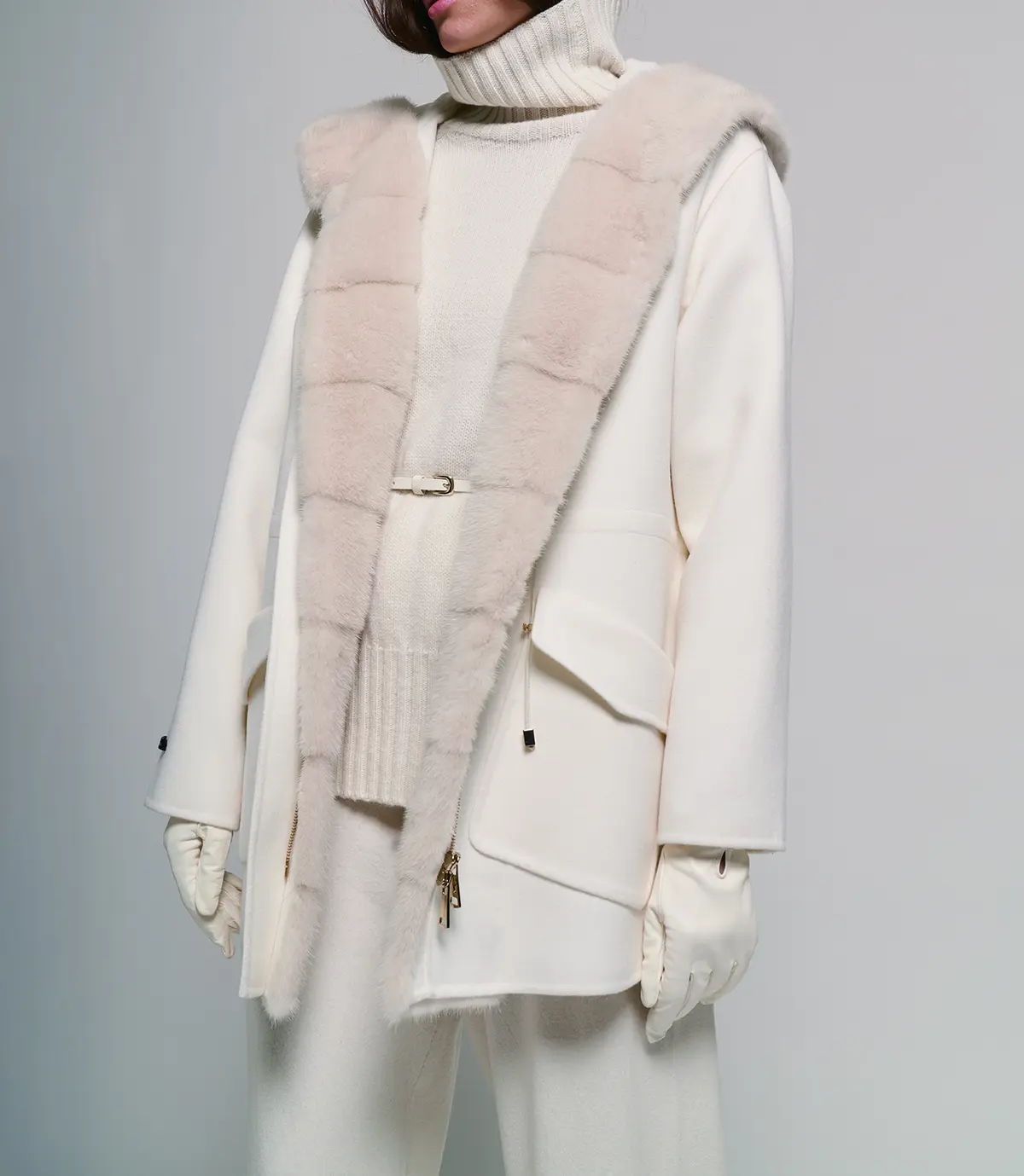 ミンクフード付きコート(ホワイト) 