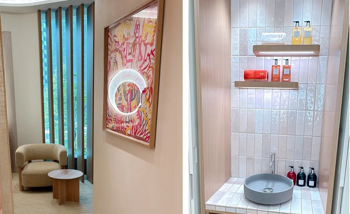 「エルメス・イン・カラー」は、ニュウマン高輪店で国内に7店舗目。このブティックでぜひご注目いただきたいのは、初めて併設されたパーソナルルーム。優雅なドレッサーでメイクアップアイテムを、そしてバスラインコレクションなどを実際に試せるエリアも完備。