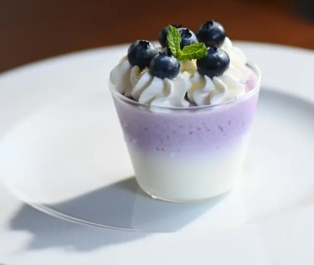 お菓子作り　2層のゼリーにヨーグルトクリーム＆フレッシュブルーベリーのせて