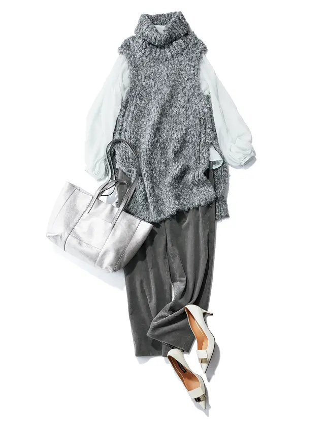 ボリューミーな首もとで小顔効果！ ニットベストを着こなしの主役に