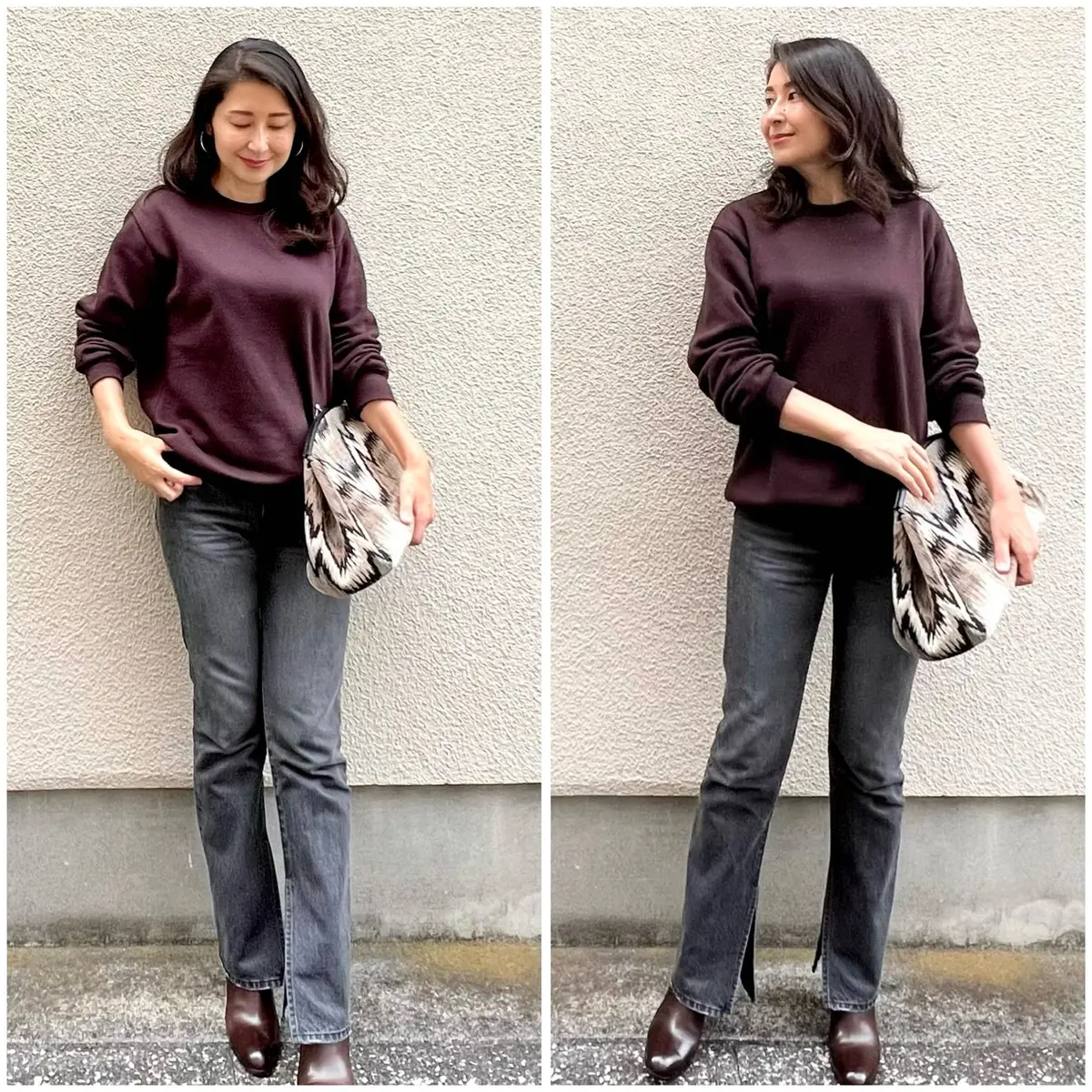 ブラウンのスウェットシャツ、ブラックデニム、ブラウンのブーツ、柄物クラッチバッグ