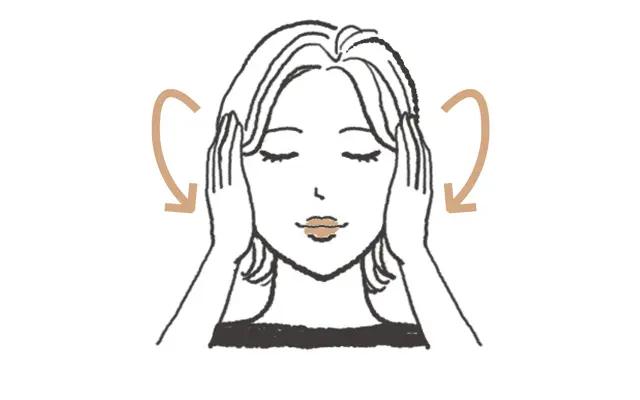 手のひらを両耳に当て、前から後ろへ回す