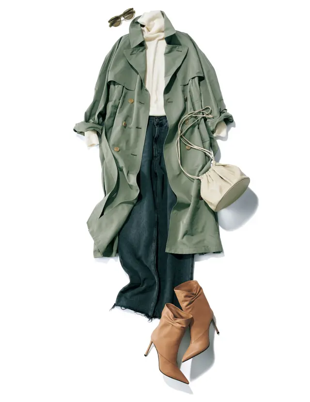 タートル&デニムにブーツで寒さ対策。ルーズにはおって