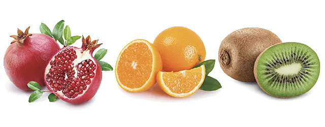 ザクロ果実エキス（保水力・新陳代謝アップ）、マンダリンオレンジ果皮エキス（角質ケア・透明感アップ）、キウイエキス（メラニン排出）