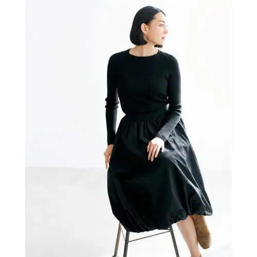 ELIN×éclat タフタギャザースカート　SLOANE リブクルーネックニット