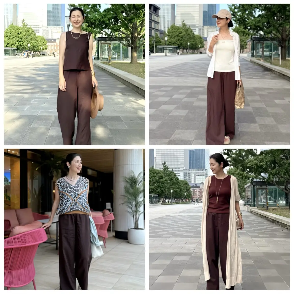 ユニクロ茶のリネンブレンドイージパンツ　アラフィフコーデ　50代　４つのコーディネート　着回し