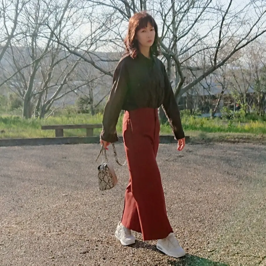 ダークブラウンブラウス  ブラウンパンツ パイソンバッグ