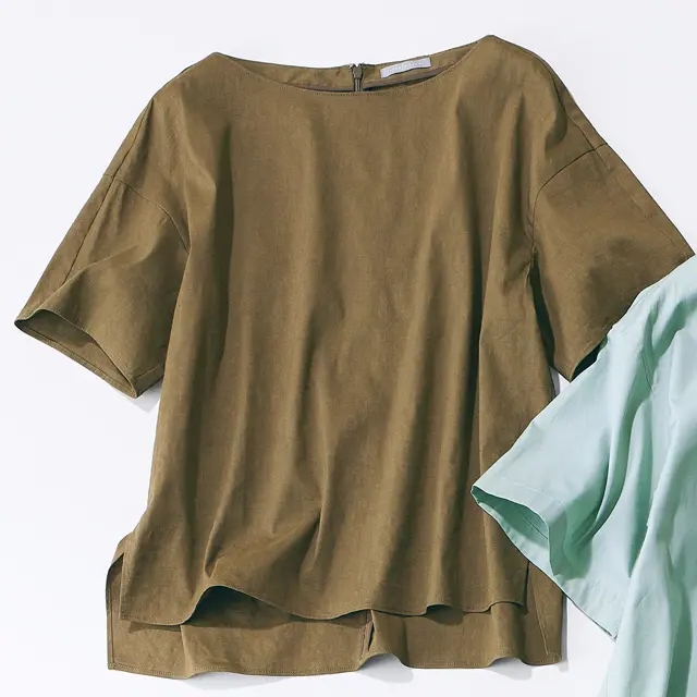 ドライタッチのリネン×レーヨンストレッチのトップス