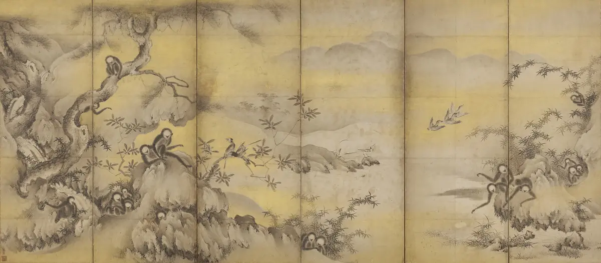 重要文化財　式部輝忠『巖樹遊猿図屛風』　室町時代（16世紀）　六曲一双のうち左隻　紙本墨画　京都国立博物館　※展示期間7/29～8/31