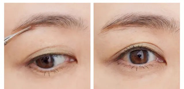 フレームからはみ出た眉毛は、ハサミでカット