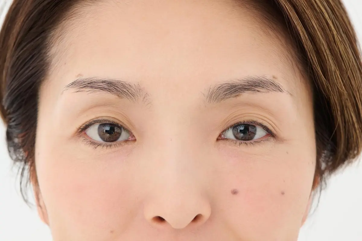 OurAge×Webエクラ　眉メイク　描き方　上で示した位置にそって、ガイドの点を、左右の眉に３カ所ずつ入れた状態