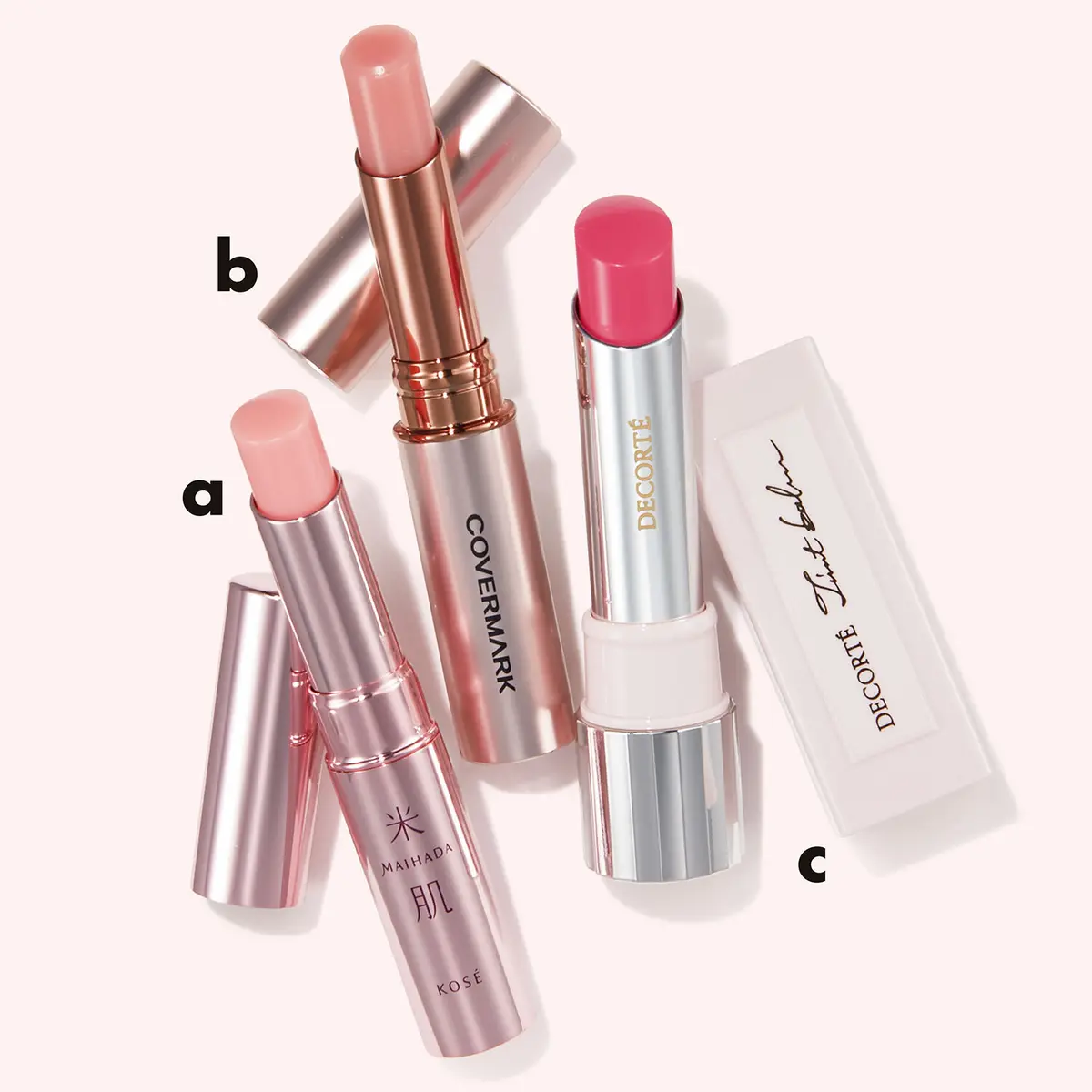 OurAge×Webエクラ　a 米肌 つやしずく リップエッセンスティント 01　b リアルフィニッシュ ブライトニング リップ エッセンス UV SPF15・PA++ 02　c ルージュ デコルテ ティンティドプランパー 03