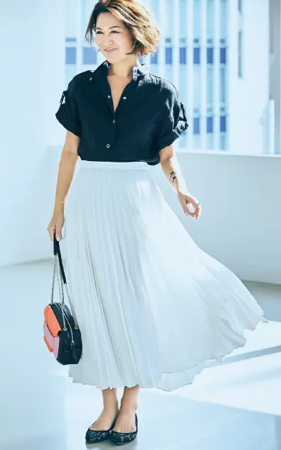 プリーツ幅が下に広がるものを