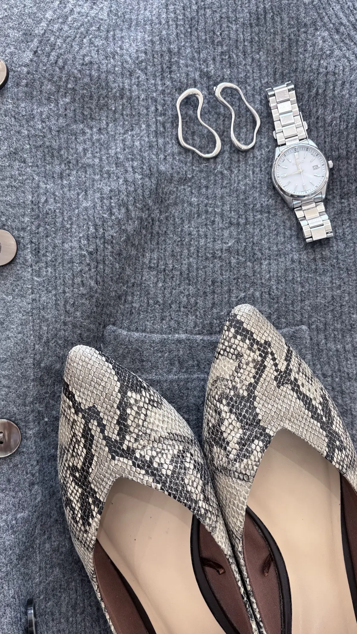 パイソン柄靴　カーディガン　SEIKO時計　ピアス　ローリーズファーム