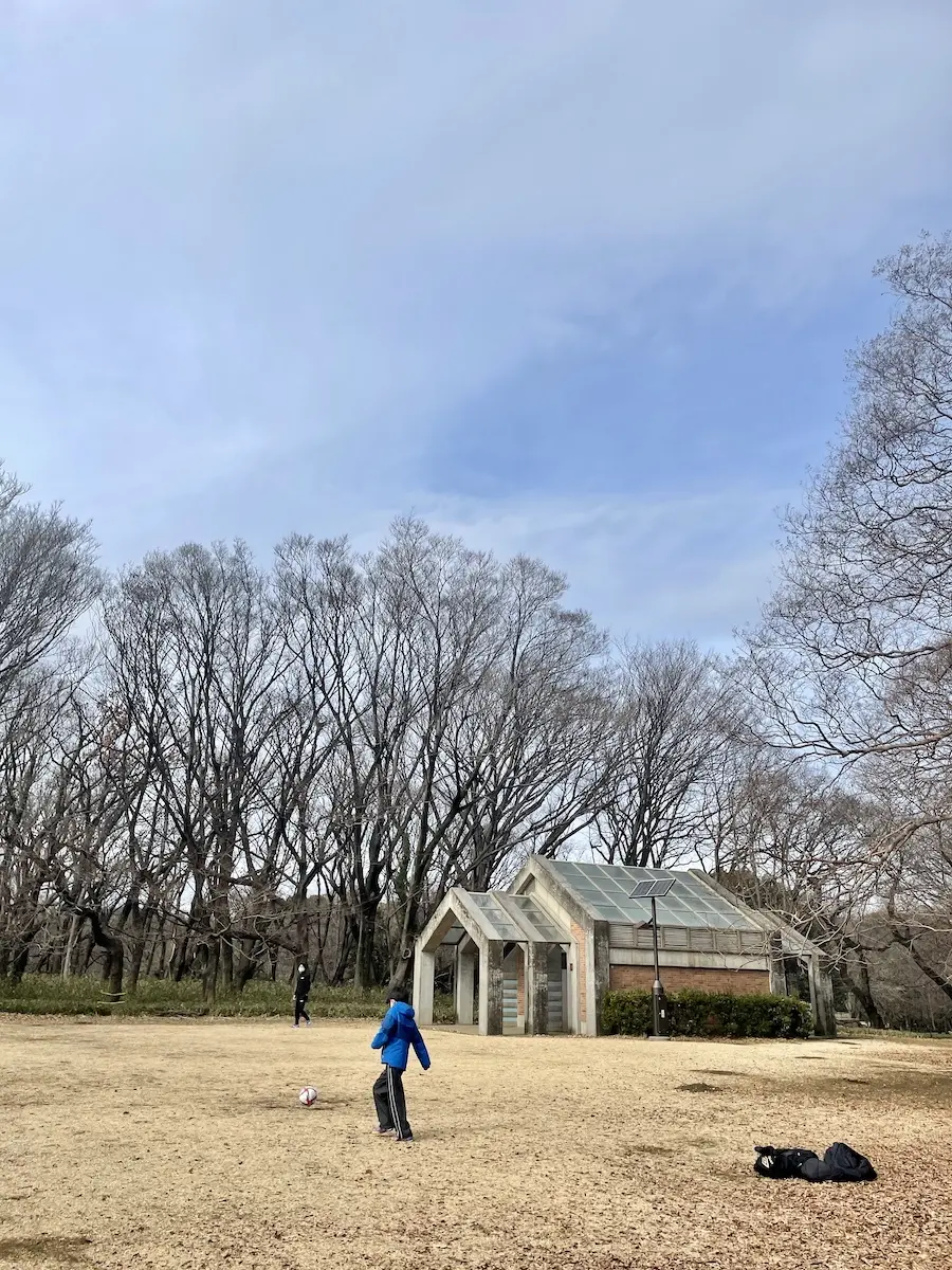 砧公園でサッカーをする親子