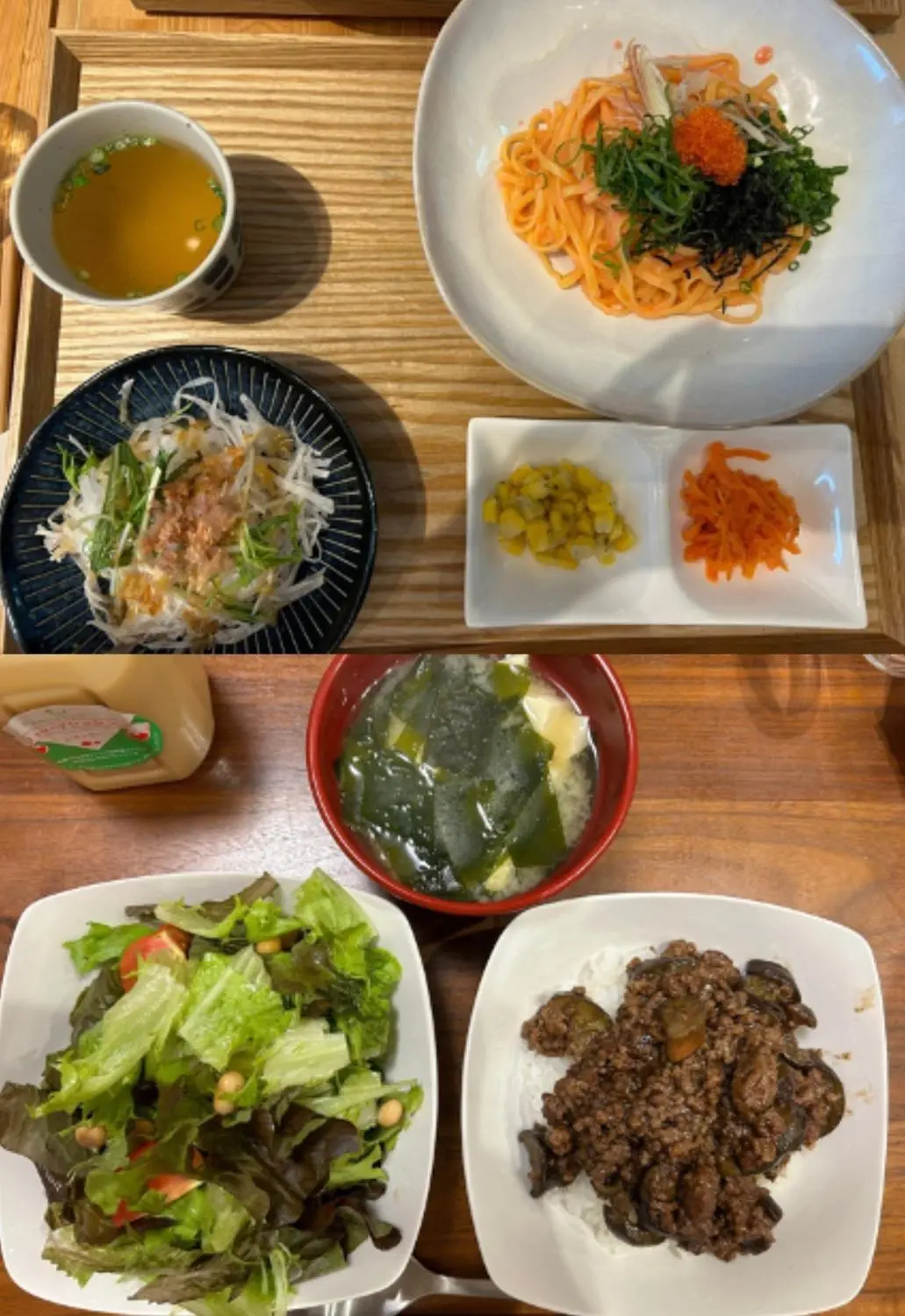 OurAge×Webエクラ　こちらの日も、朝食：なし。昼食：明太子パスタ、大根サラダ、コーン、にんじん、コンソメスープ。夕食：麻婆なす丼、わかめと豆腐の味噌汁、サラダ、デザート（ぜんざい）。その他：ハーブティー、牛乳入りコーヒー、クッキー3枚。