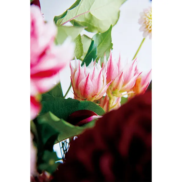 ダリアの色みに合わせながら、花姿や ボリュームの違いで心地よいリズムが