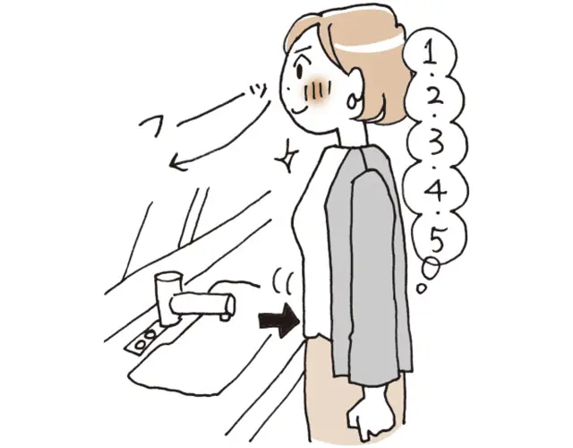 おなかをへこませながら、5秒でゆっくりと鼻から息を吐く。2〜5を5回繰り返す。