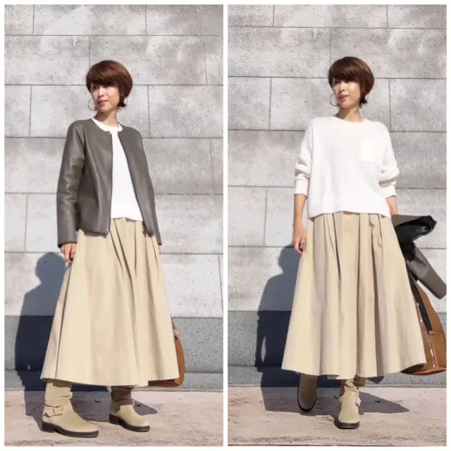 白ニット×ベージュスカート×モスグリーンジャケットのコーディネート