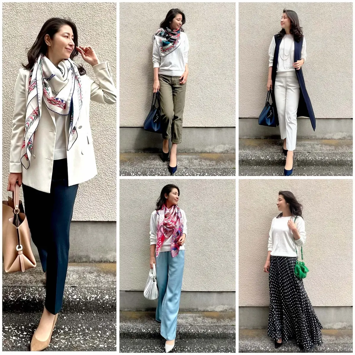 白ニットを使ったコーディネート５つの写真