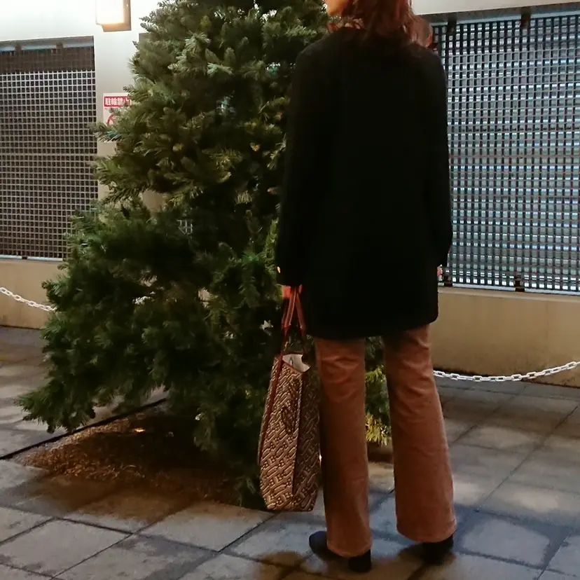 黒ジャケット  ブラウンパンツ  トートバッグ