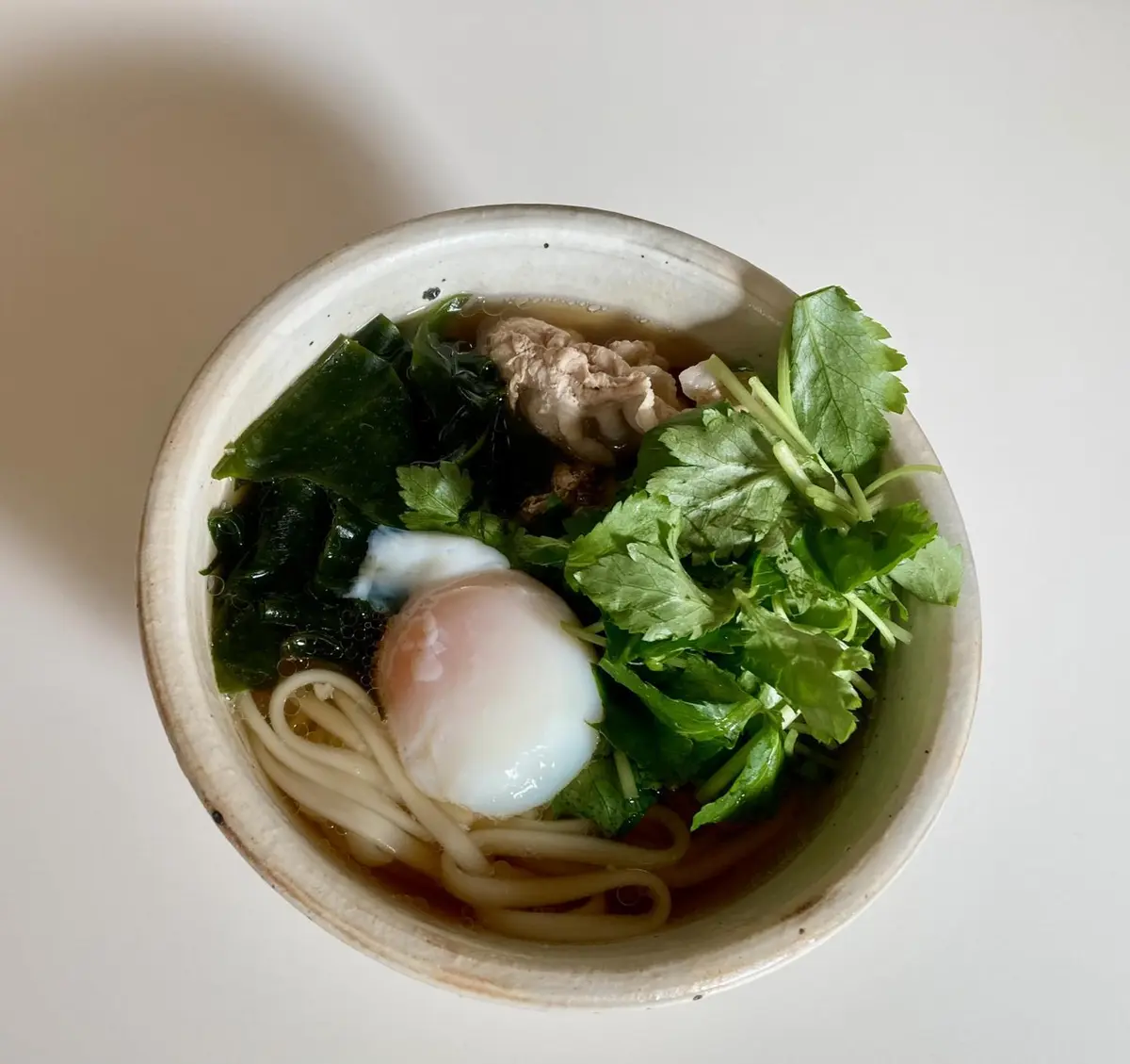 OurAge×Webエクラ　１日目。うどんです。具材は豚肉、三つ葉、わかめ、卵。