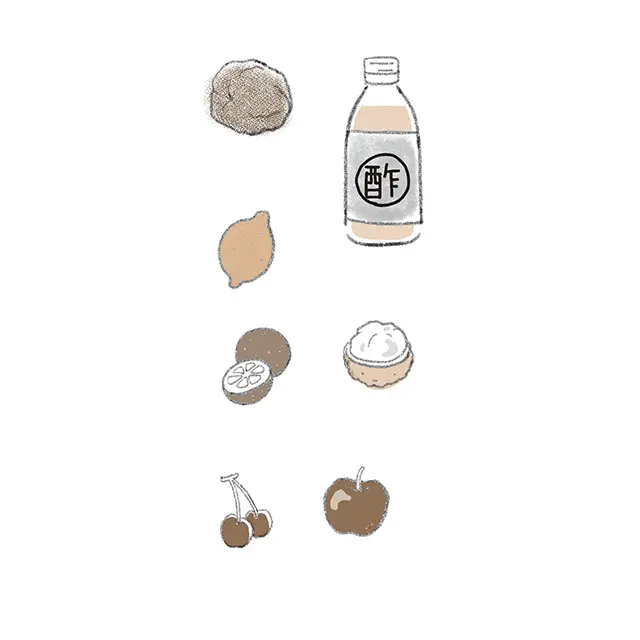 梅干し、酢、レモン、かぼすなどのかんきつ類、 ライチ、りんご、さくらんぼなど