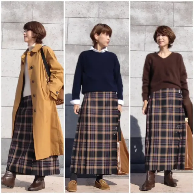 タータンチェックスカート　ロングスカート　着回しコーデ