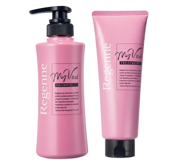 （左から）リジェンヌ マイバイタル シャンプー 400㎖ ￥3,300・同 ヘアトリートメント 200g ￥2,800／大正製薬