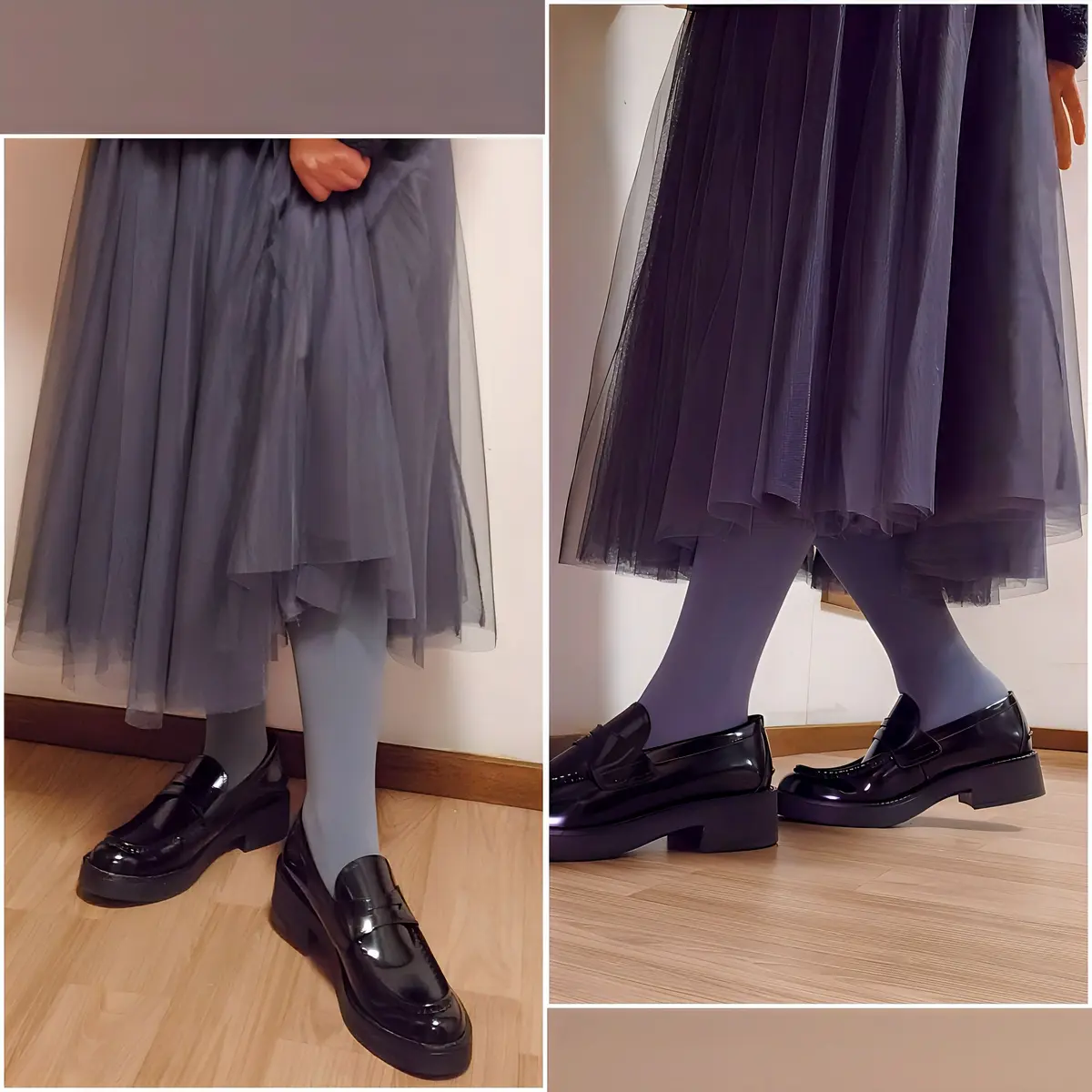 チュールスカート×ZARAローファーにTabioアクアグレータイツのコーデ